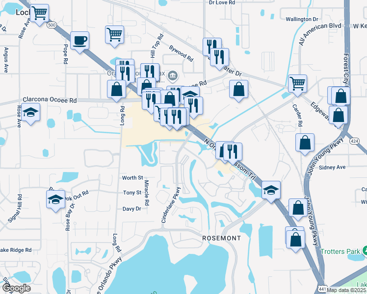 map of restaurants, bars, coffee shops, grocery stores, and more near 3997 Rosewood Way in Orlando