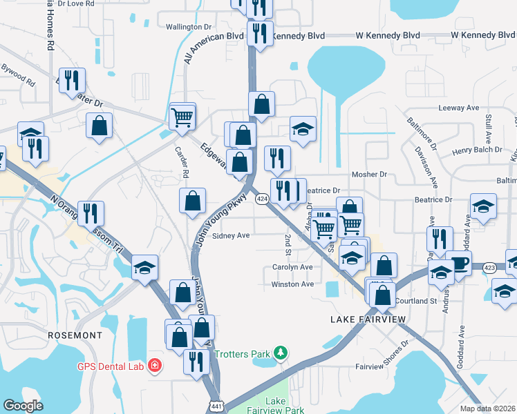 map of restaurants, bars, coffee shops, grocery stores, and more near 5634-5724 Edgewater Dr in Orlando