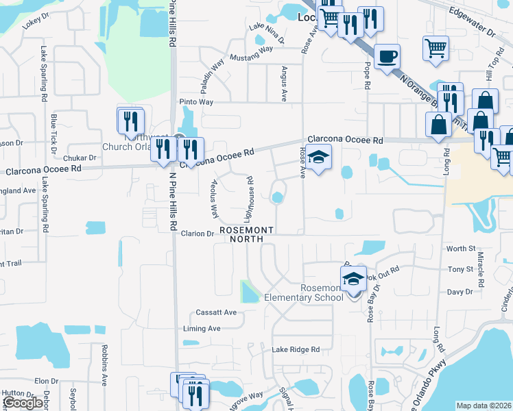 map of restaurants, bars, coffee shops, grocery stores, and more near 5428 Lighthouse Road in Orlando
