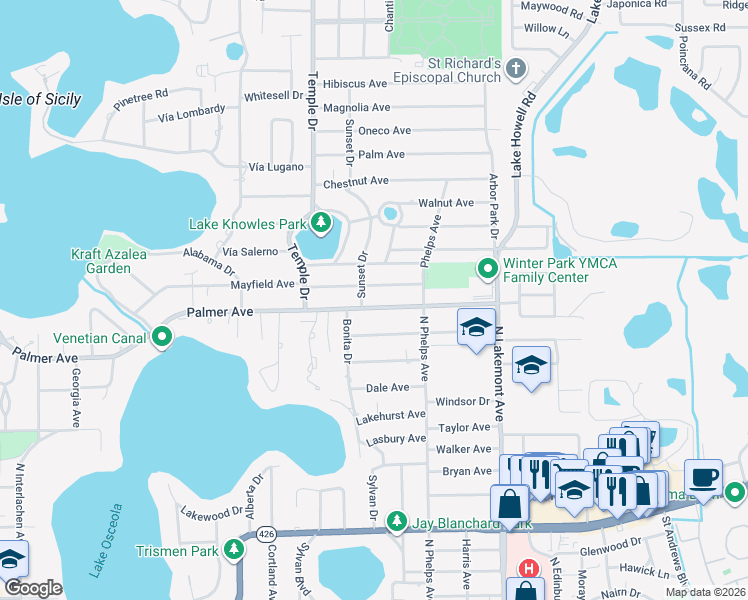 map of restaurants, bars, coffee shops, grocery stores, and more near 1570 Mayfield Avenue in Winter Park