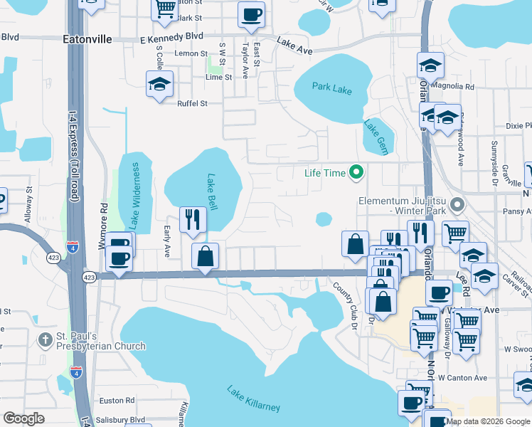 map of restaurants, bars, coffee shops, grocery stores, and more near 1942 Durham Avenue in Winter Park