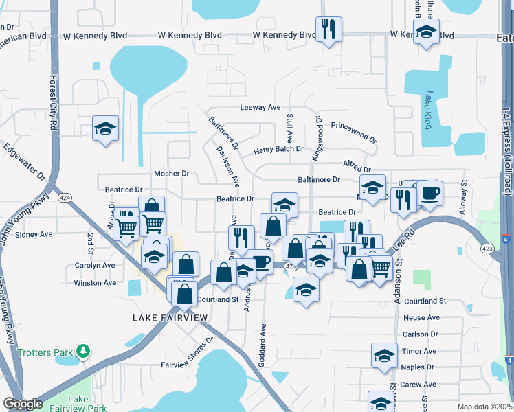 map of restaurants, bars, coffee shops, grocery stores, and more near 1409 Beatrice Drive in Orlando
