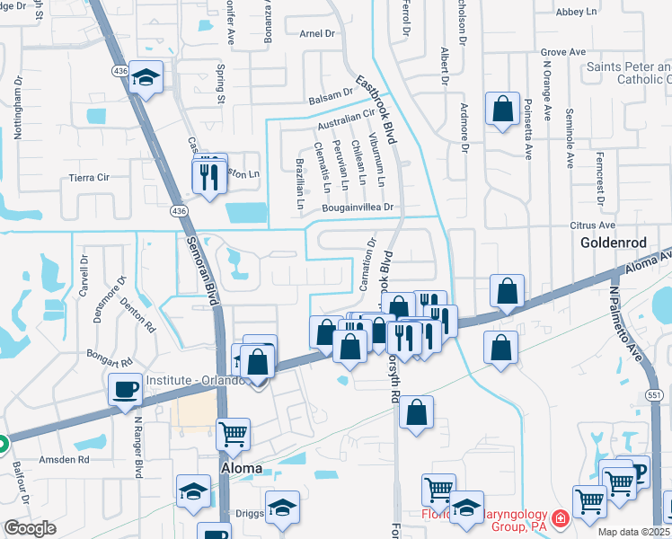 map of restaurants, bars, coffee shops, grocery stores, and more near in Aloma