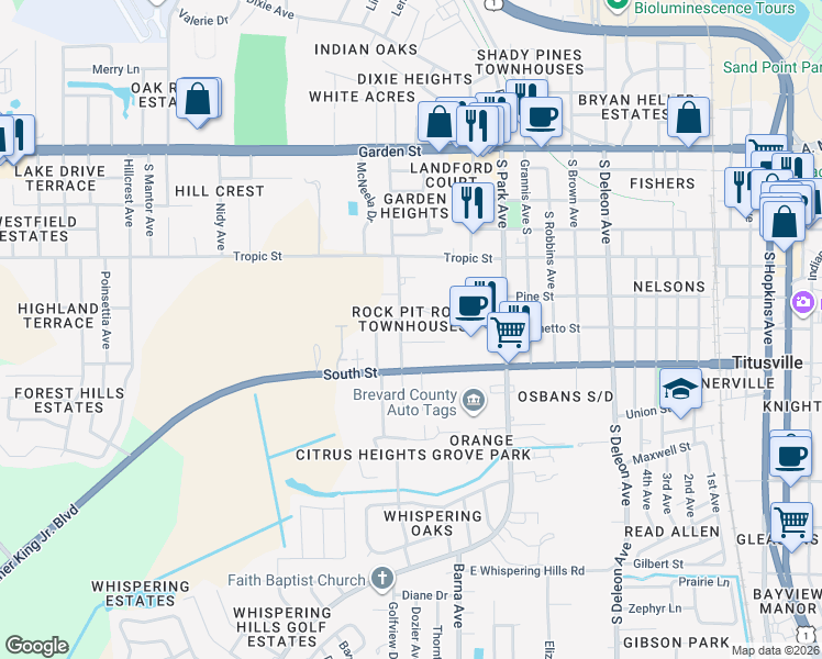 map of restaurants, bars, coffee shops, grocery stores, and more near 501 Rockpit Road in Titusville