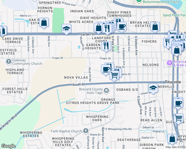 map of restaurants, bars, coffee shops, grocery stores, and more near 553 Rockpit Road in Titusville