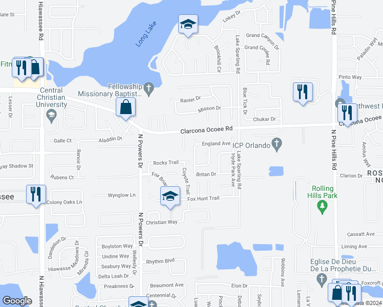 map of restaurants, bars, coffee shops, grocery stores, and more near 5526 Britan Drive in Orlando