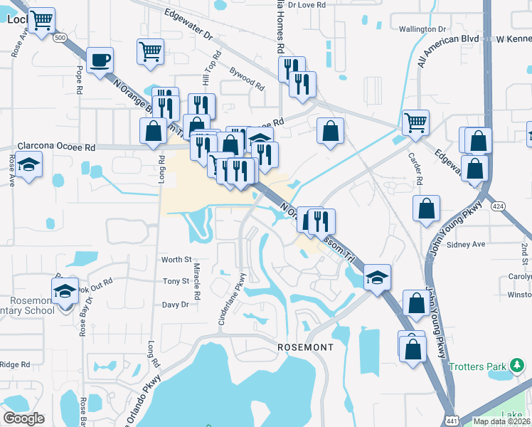 map of restaurants, bars, coffee shops, grocery stores, and more near in Orlando