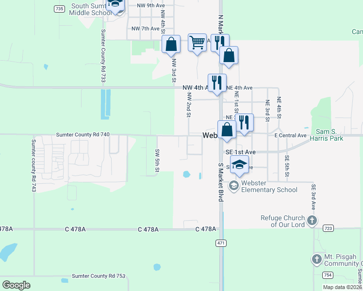 map of restaurants, bars, coffee shops, grocery stores, and more near 62 Southwest 2nd Street in Webster