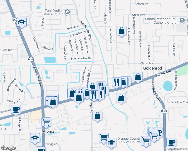 map of restaurants, bars, coffee shops, grocery stores, and more near 3649 Hedgewood Drive in Winter Park