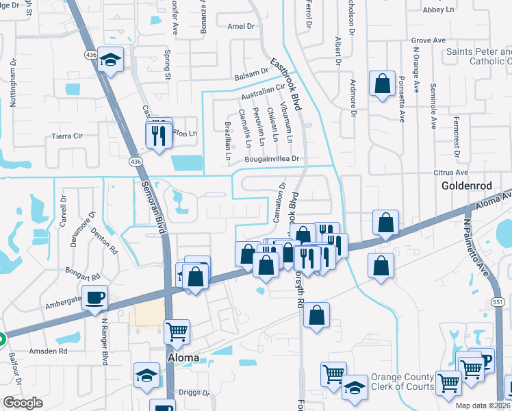 map of restaurants, bars, coffee shops, grocery stores, and more near in Aloma