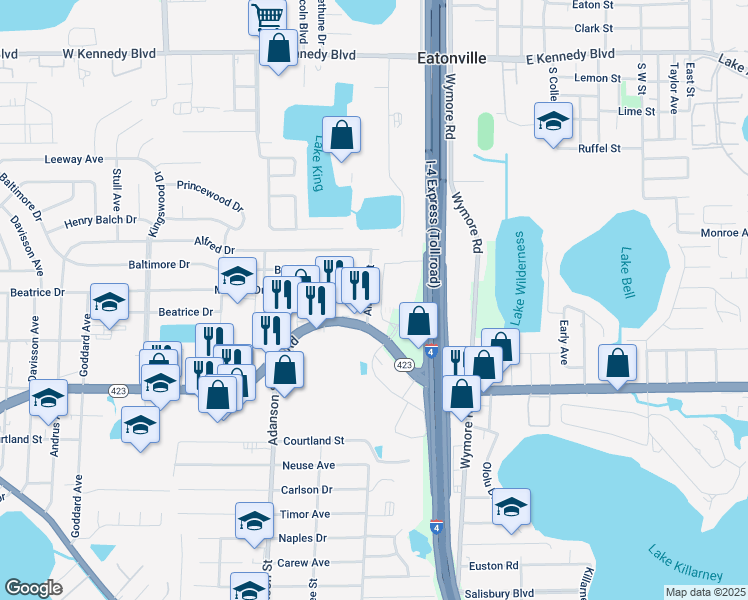 map of restaurants, bars, coffee shops, grocery stores, and more near 5351 Diplomat Circle in Orlando