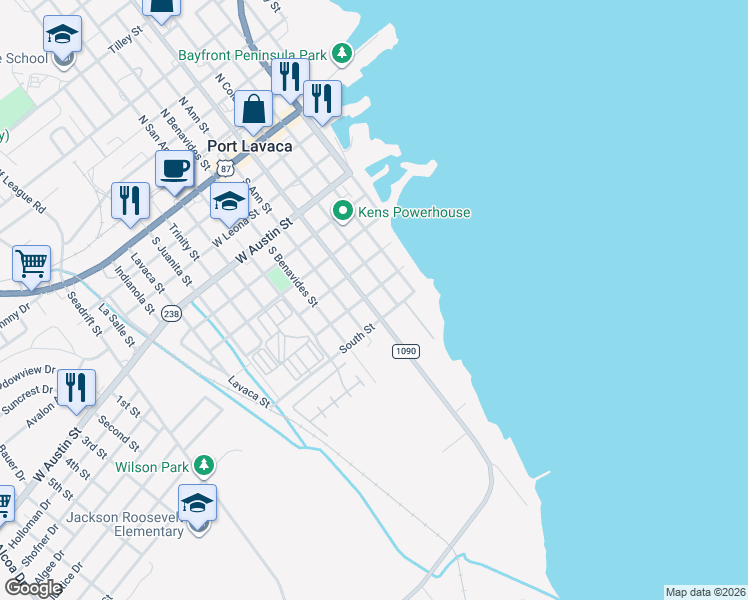 map of restaurants, bars, coffee shops, grocery stores, and more near 718 South Virginia Street in Port Lavaca