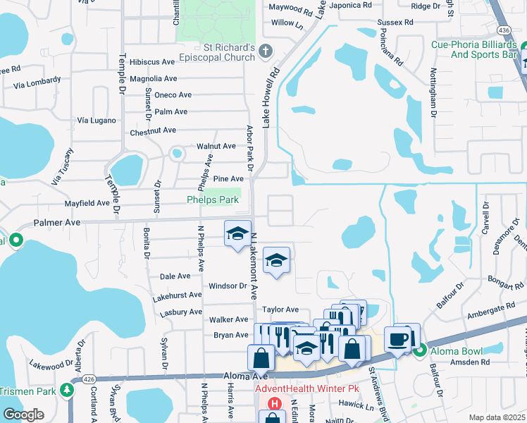 map of restaurants, bars, coffee shops, grocery stores, and more near 1803 Palmer Avenue in Winter Park