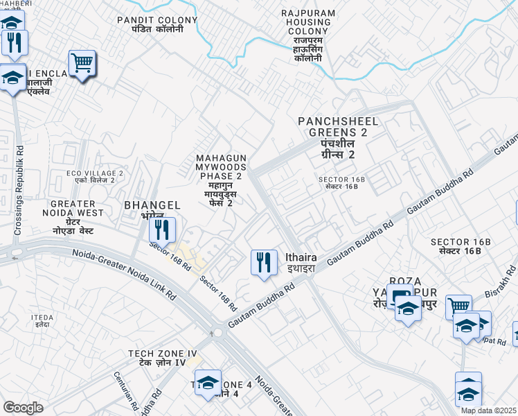 map of restaurants, bars, coffee shops, grocery stores, and more near Sector 16B Road in Greater Noida