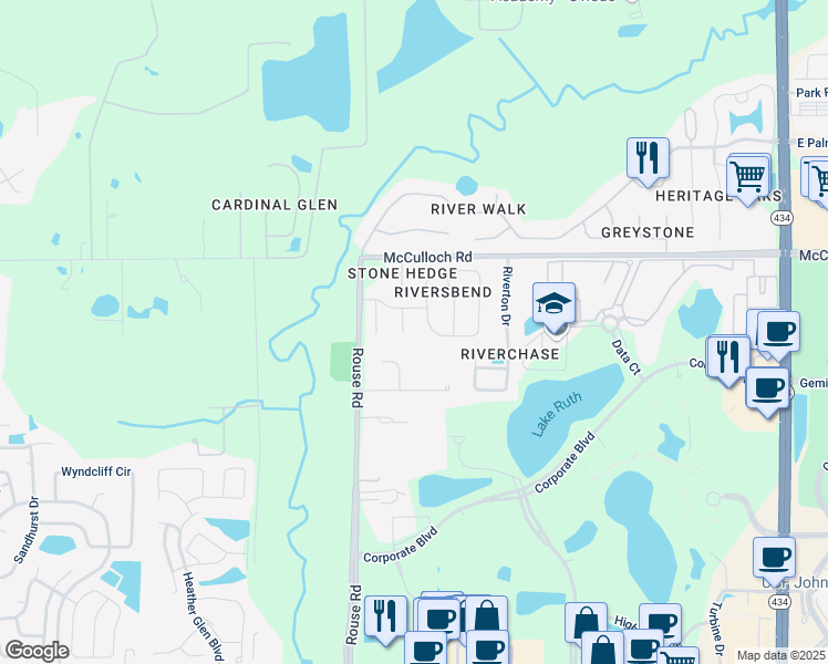 map of restaurants, bars, coffee shops, grocery stores, and more near 4421 Calm Water Court in Orlando