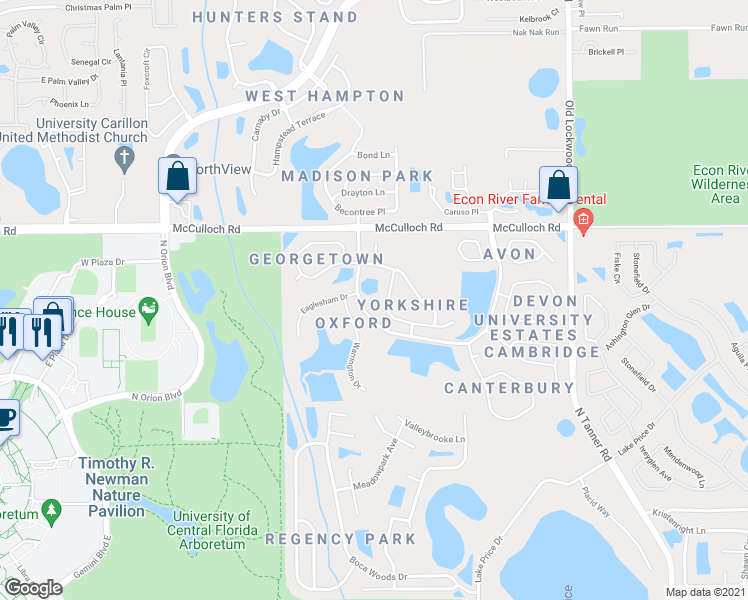 map of restaurants, bars, coffee shops, grocery stores, and more near 14532 Gainesborough Drive in Orlando