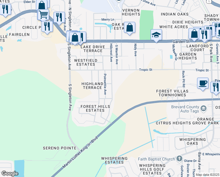 map of restaurants, bars, coffee shops, grocery stores, and more near 504 Hillcrest Avenue in Titusville
