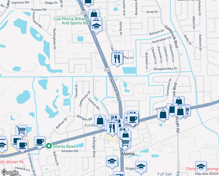 map of restaurants, bars, coffee shops, grocery stores, and more near 875 Semoran Park Drive in Winter Park