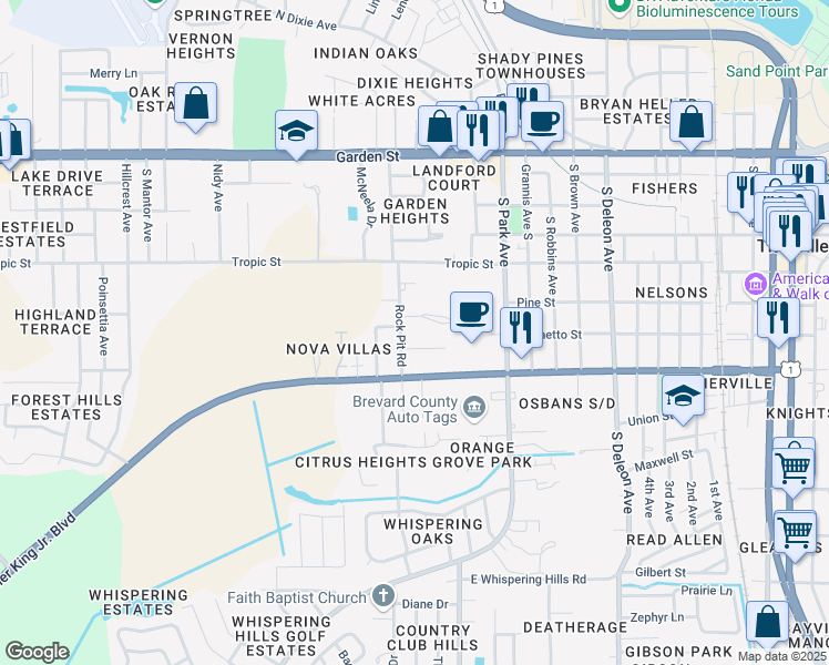 map of restaurants, bars, coffee shops, grocery stores, and more near 551 Rockpit Road in Titusville