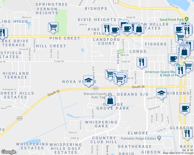 map of restaurants, bars, coffee shops, grocery stores, and more near 1680 Palmetto Street in Titusville