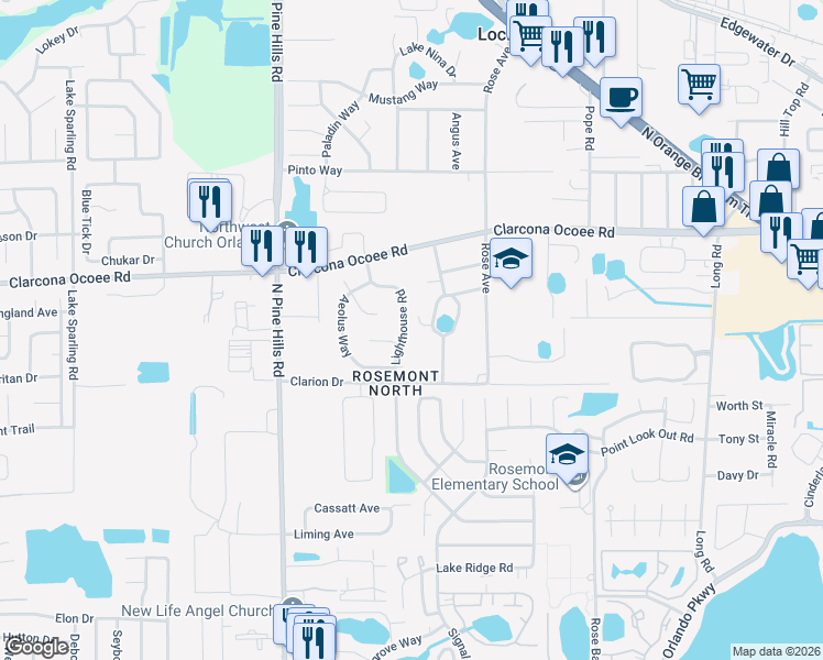 map of restaurants, bars, coffee shops, grocery stores, and more near 5428 Lighthouse Road in Orlando