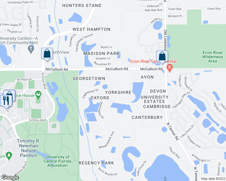 map of restaurants, bars, coffee shops, grocery stores, and more near 14525 Gainesborough Drive in Orlando