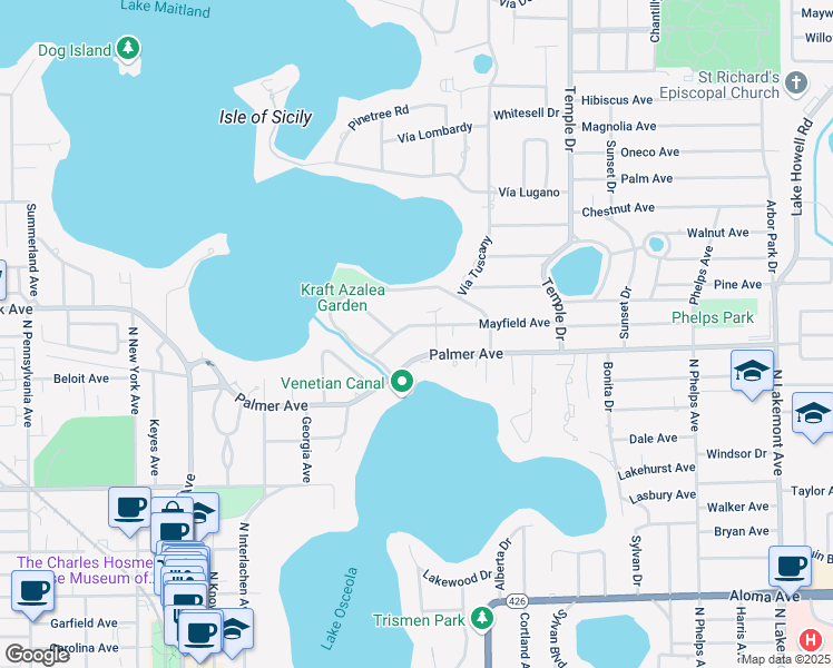 map of restaurants, bars, coffee shops, grocery stores, and more near 888 Mayfield Avenue in Winter Park