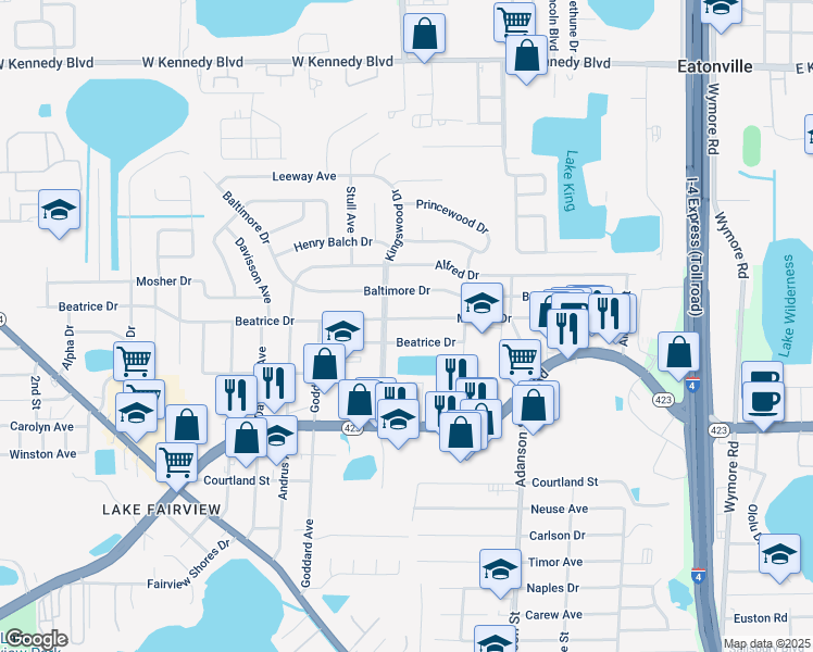 map of restaurants, bars, coffee shops, grocery stores, and more near 1102 Malone Drive in Orlando