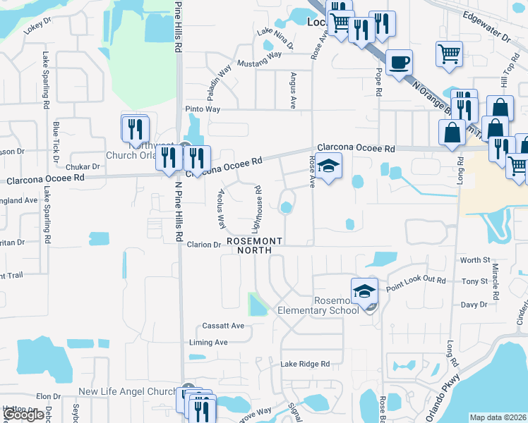 map of restaurants, bars, coffee shops, grocery stores, and more near 5428 Lighthouse Road in Orlando
