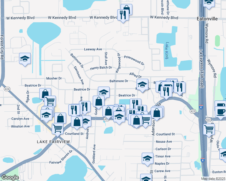 map of restaurants, bars, coffee shops, grocery stores, and more near 5330 Kingswood Drive in Orlando
