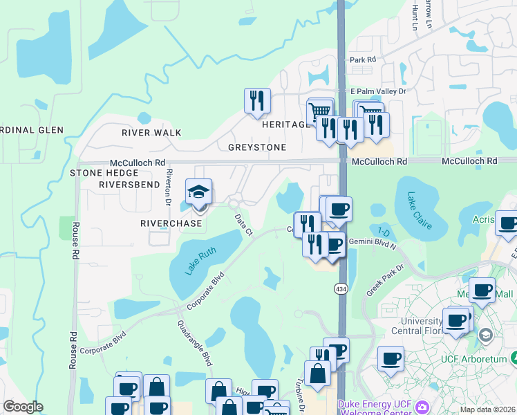 map of restaurants, bars, coffee shops, grocery stores, and more near 12100 Knights Krossing Circle in Orlando