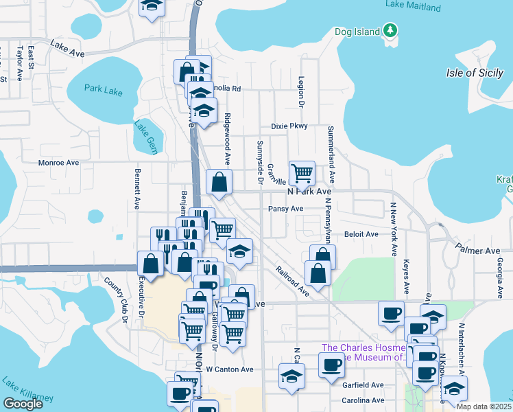 map of restaurants, bars, coffee shops, grocery stores, and more near 923 Wilma Avenue in Winter Park