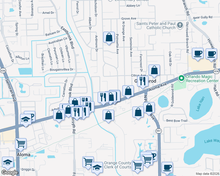 map of restaurants, bars, coffee shops, grocery stores, and more near 4894 Tangerine Avenue in Winter Park