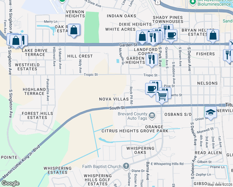 map of restaurants, bars, coffee shops, grocery stores, and more near 4951 South Washington Avenue in Titusville