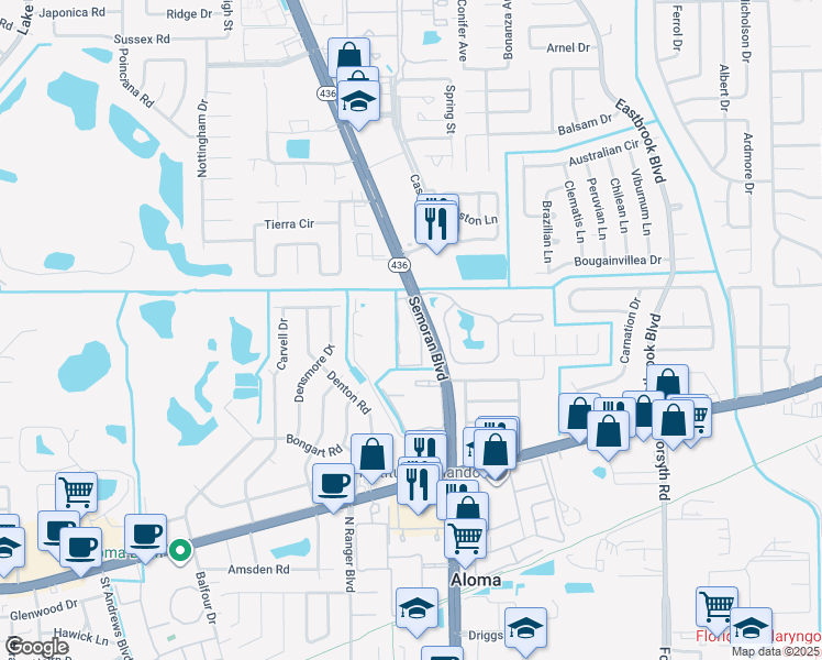 map of restaurants, bars, coffee shops, grocery stores, and more near 875 Semoran Park Drive in Winter Park