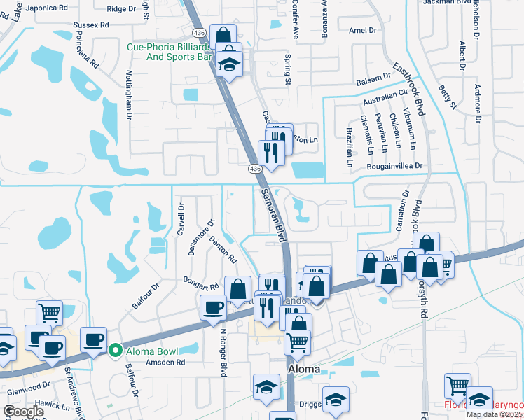 map of restaurants, bars, coffee shops, grocery stores, and more near 800 Semoran Park Drive in Winter Park