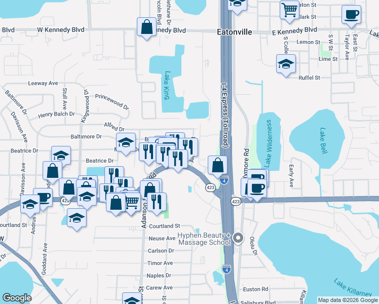 map of restaurants, bars, coffee shops, grocery stores, and more near 718 Malone Drive in Orlando