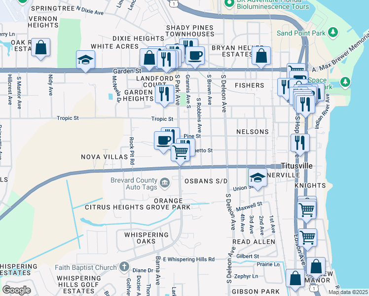 map of restaurants, bars, coffee shops, grocery stores, and more near 1308 Palmetto Street in Titusville
