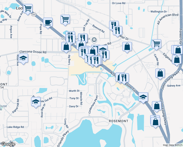 map of restaurants, bars, coffee shops, grocery stores, and more near 5552 San Mario Club in Orlando