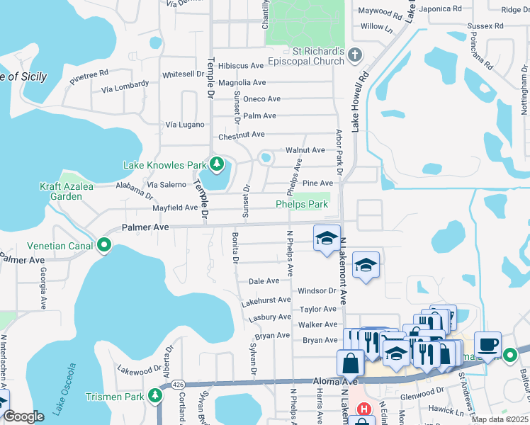 map of restaurants, bars, coffee shops, grocery stores, and more near 1570 Mayfield Avenue in Winter Park