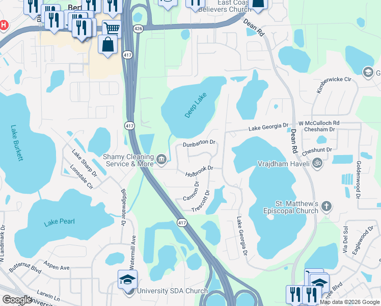 map of restaurants, bars, coffee shops, grocery stores, and more near 9501 Fitzsimmons Drive in Orlando