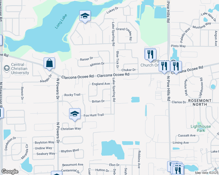 map of restaurants, bars, coffee shops, grocery stores, and more near 5470 Higgins Way in Orlando