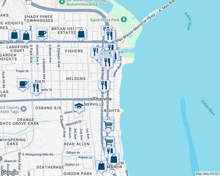 map of restaurants, bars, coffee shops, grocery stores, and more near 555 South Washington Avenue in Titusville