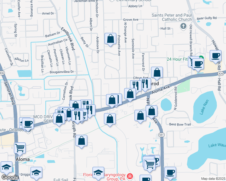 map of restaurants, bars, coffee shops, grocery stores, and more near 4894 Tangerine Avenue in Winter Park