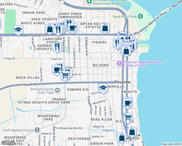 map of restaurants, bars, coffee shops, grocery stores, and more near 910 Palmetto Street in Titusville