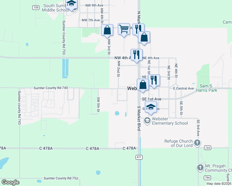 map of restaurants, bars, coffee shops, grocery stores, and more near 62 Southwest 2nd Street in Webster