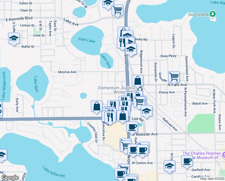 map of restaurants, bars, coffee shops, grocery stores, and more near 1211 Lewis Drive in Winter Park