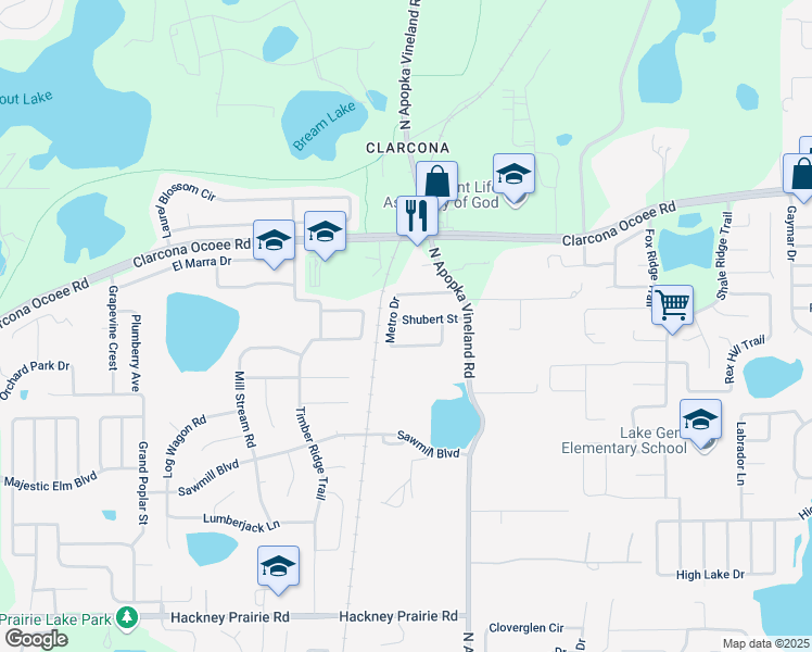map of restaurants, bars, coffee shops, grocery stores, and more near 8230 Shubert Street in Orlando