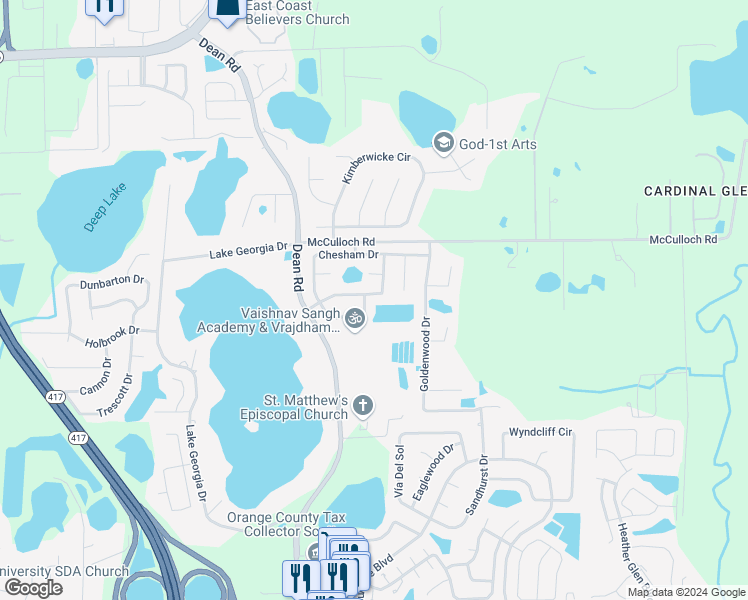 map of restaurants, bars, coffee shops, grocery stores, and more near 10106 Cheshunt Drive in Orlando
