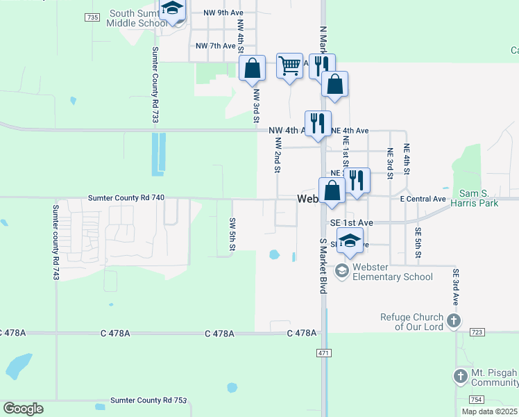 map of restaurants, bars, coffee shops, grocery stores, and more near 88 Southwest 3rd Street in Webster